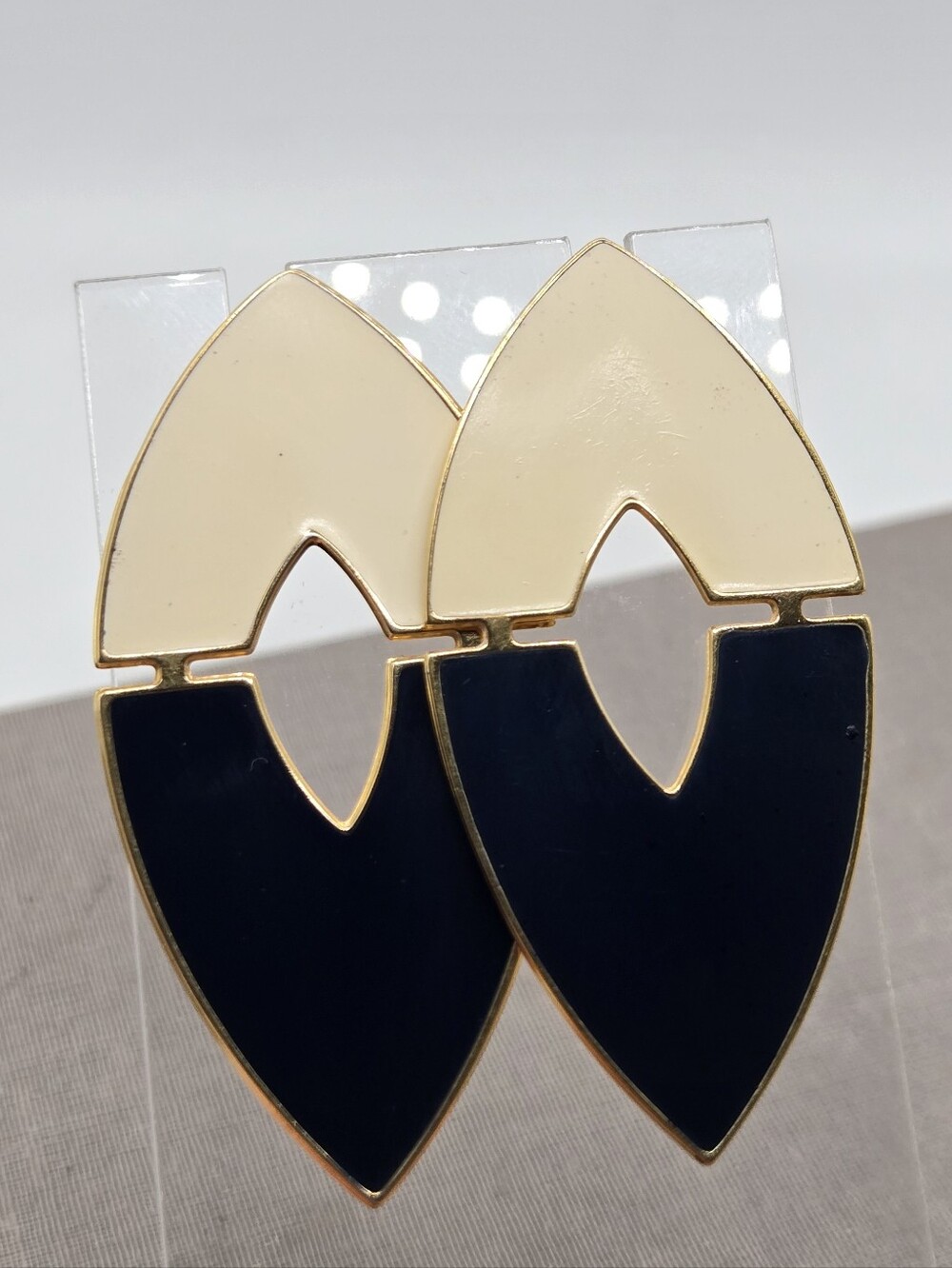 Monet Oversized Cream Navy Enamel Gold-Tone Earrings Studs Vintage 70s 80s